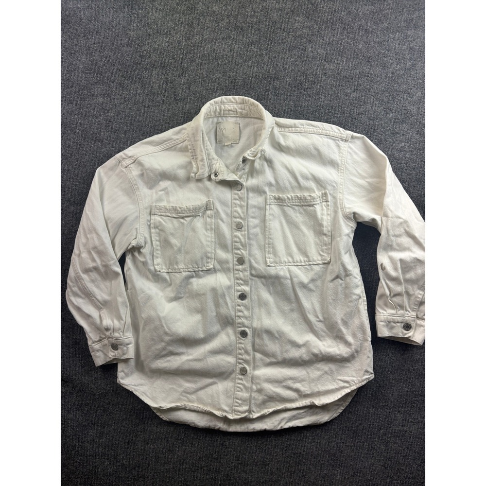 Habitual Denim Button Up Shirt Womens Size M White Long Sleeve Utility Shacket